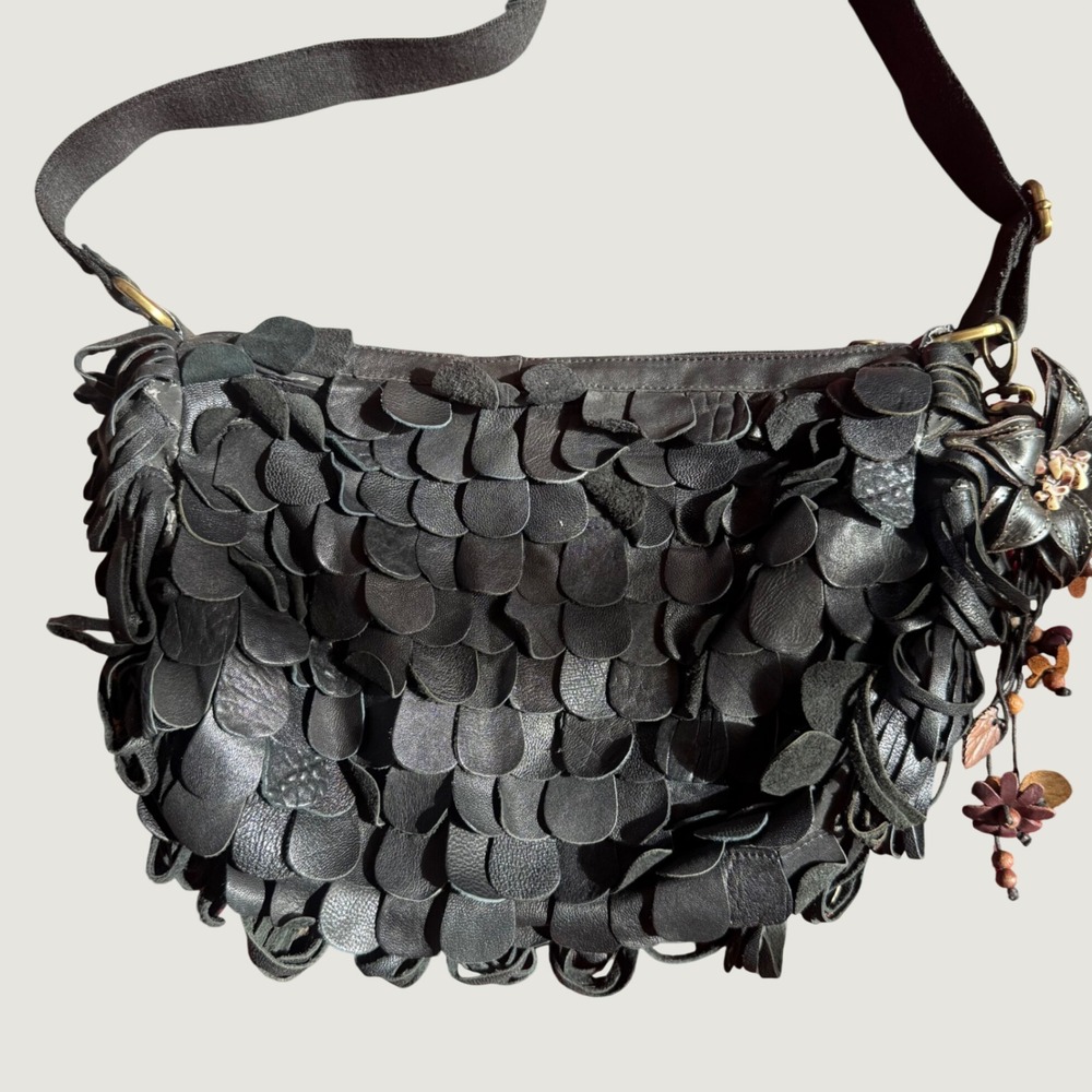 Handmade Leather Fringe Scale Shoulder Bag Women Black Boho Textured Flower Purs